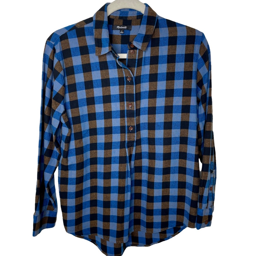 Madewell Brown Blue Buffalo Check Drop Shoulder Flannel Popover Shirt S - Picture 2 of 4